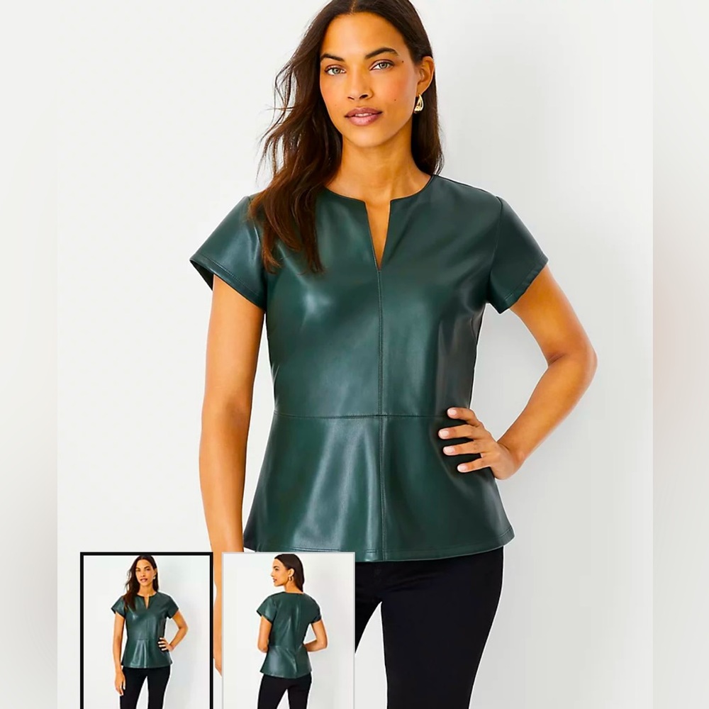 Ann Taylor NWT Faux Leather Seamed Split Neck Peplum top. XSP. Boxwood green
